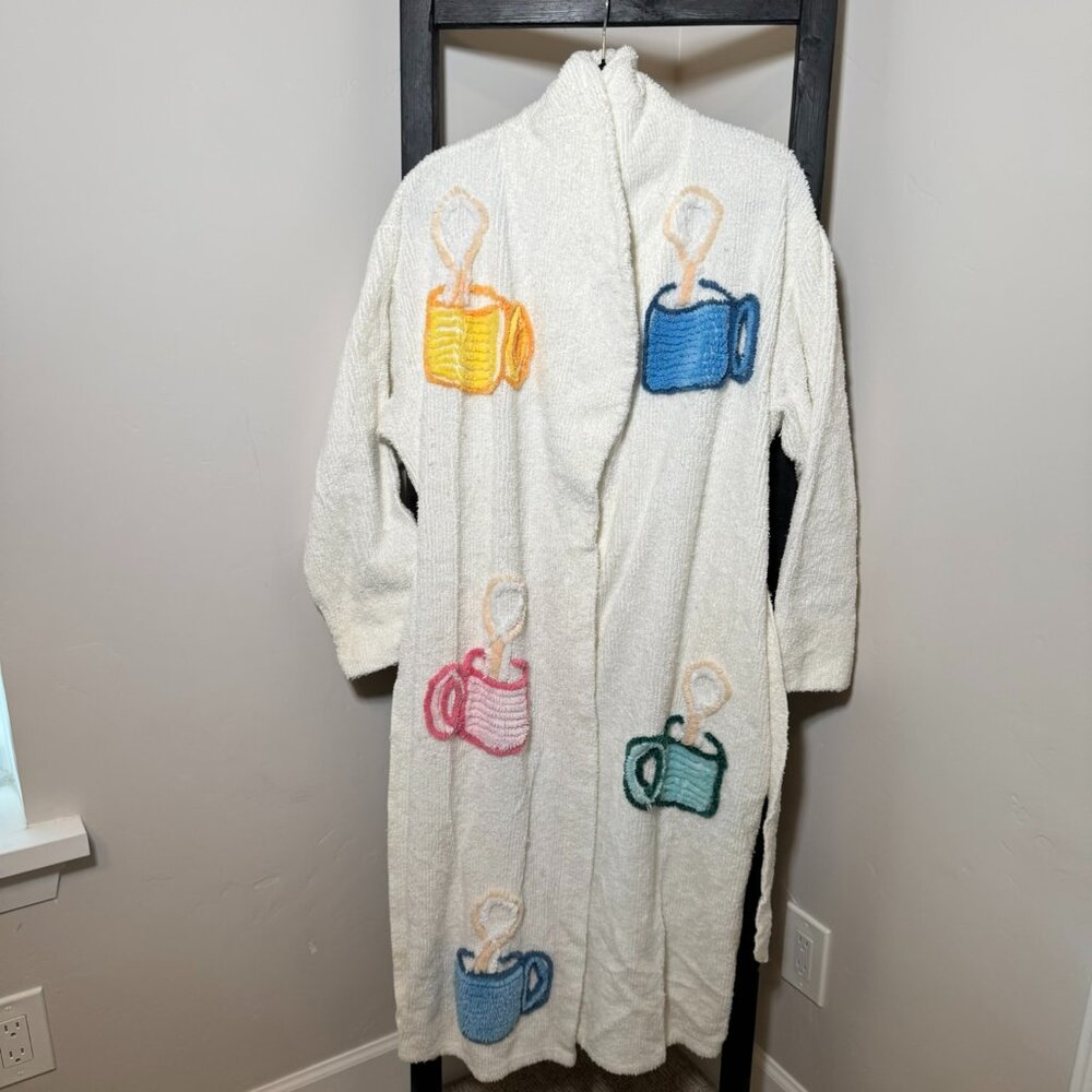 Vintage Stan Herman White Chenille Robe — Colorful Coffee Cups - VINTAGE - Picture 3 of 11